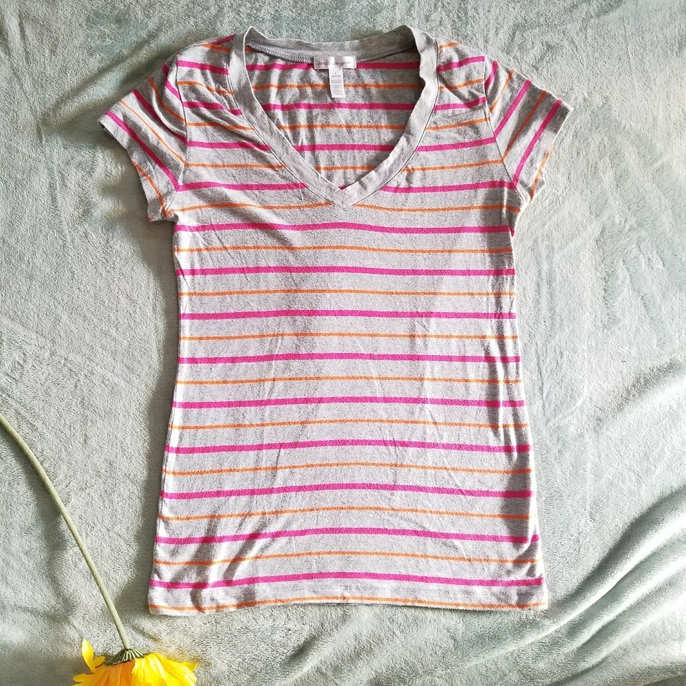 Pink and orange striped gray v neck
